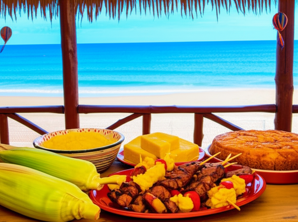 Mesa com milho, pamonha e espetos de churrasco na praia de Porto Seguro