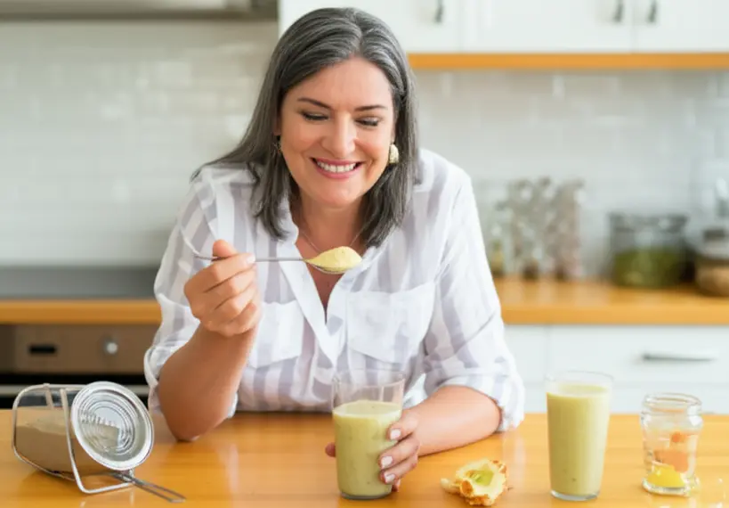 Uma mulher de meia-idade sorrindo, adicionando uma colher de psyllium em pó a um copo de smoothie verde em uma cozinha moderna e iluminada, simbolizando um hábito saudável.