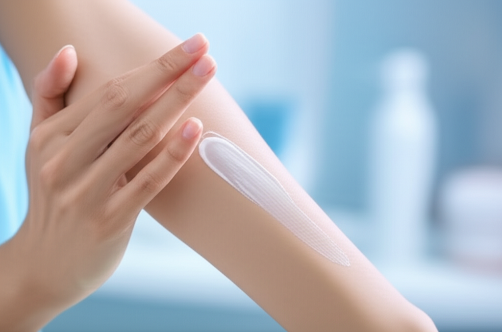 Mulher aplicando suavemente um creme hidratante em sua pele, que parece calma e sem sinais de inflamação, simbolizando o alívio do eczema.