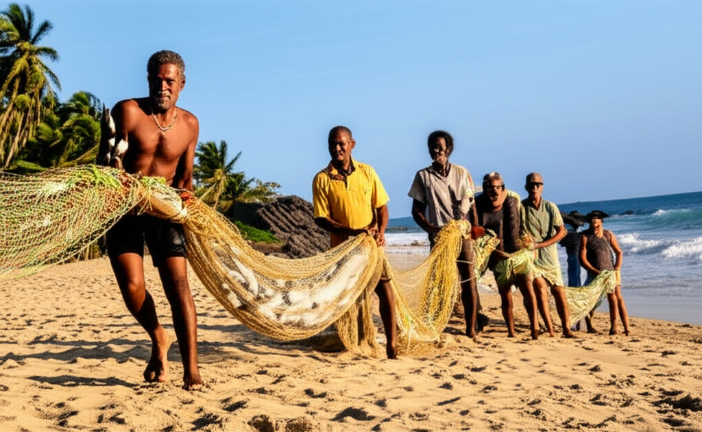 Pescadores com feições marcadas pelo sol e mar puxando uma rede de pesca artesanal na praia de Morro de São Paulo.