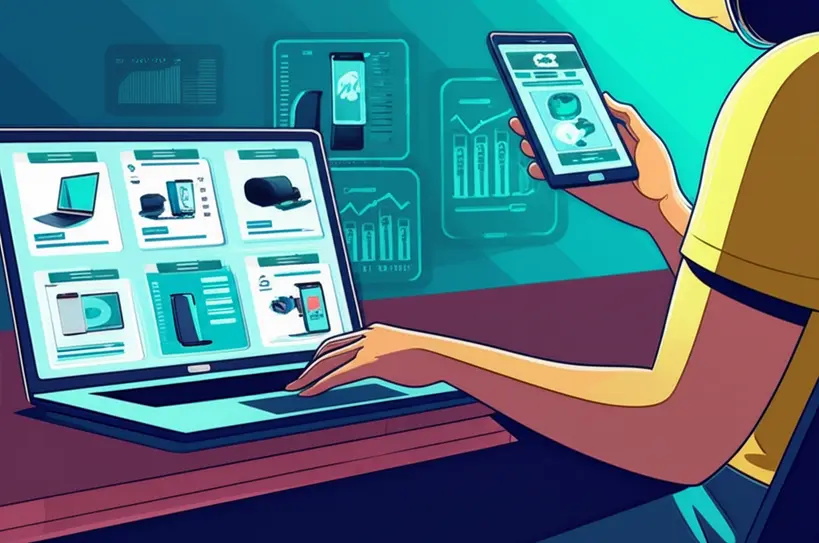Pessoa comparando preços de produtos em diferentes telas de laptop e smartphone, com gráficos de dados ao fundo, ilustrando a importância da pesquisa de mercado antes de negociar.