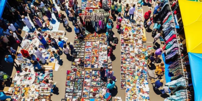 Pessoas interagindo em um mercado de pulgas, trocando e vendendo itens usados, simbolizando economia compartilhada e consumo consciente