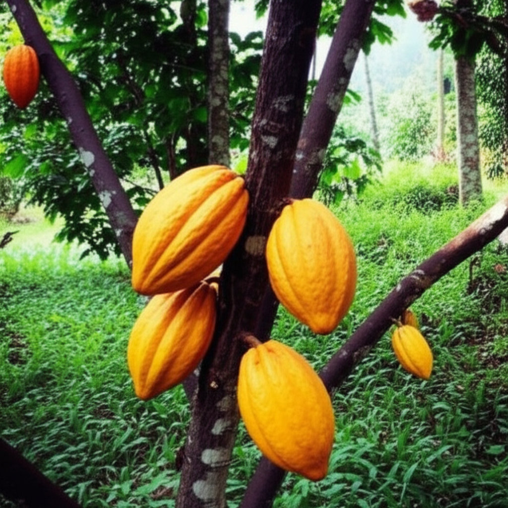 Frutos de cacau maduros em uma plantação exuberante na região de Ubatã, Bahia.