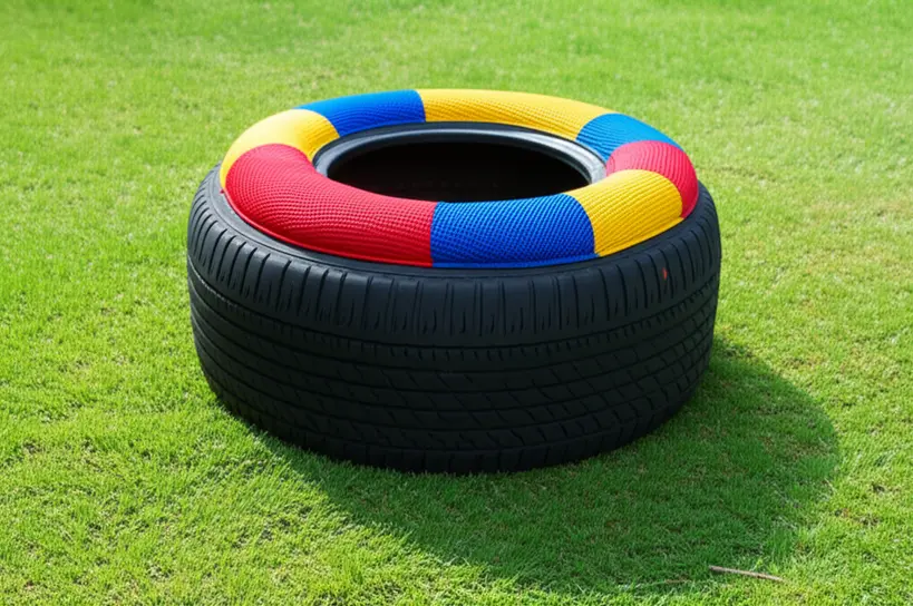 Pneu de carro velho pintado e estofado com tecido colorido, transformado em um puff moderno em um jardim.