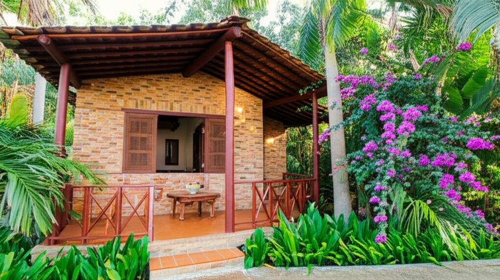 Pousada charmosa com arquitetura rústica e jardim tropical em Morro de São Paulo.