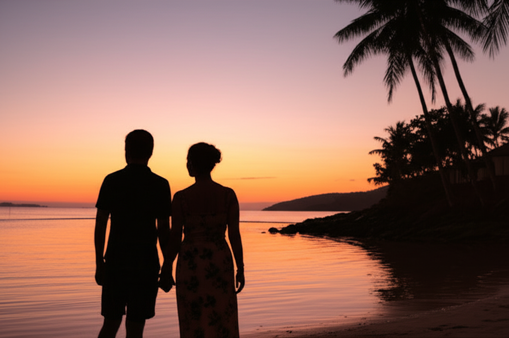 Casal observando o pôr do sol em uma praia de Morro de São Paulo, com coqueiros e mar calmo.
