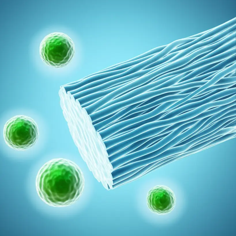 Ilustração científica mostrando fibras de psyllium se ligando a moléculas de colesterol no intestino, representando o processo de redução do colesterol no corpo.