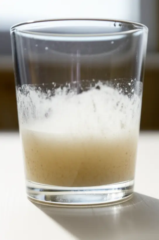 Psyllium em pó sendo misturado com água em um copo, mostrando a formação de gel
