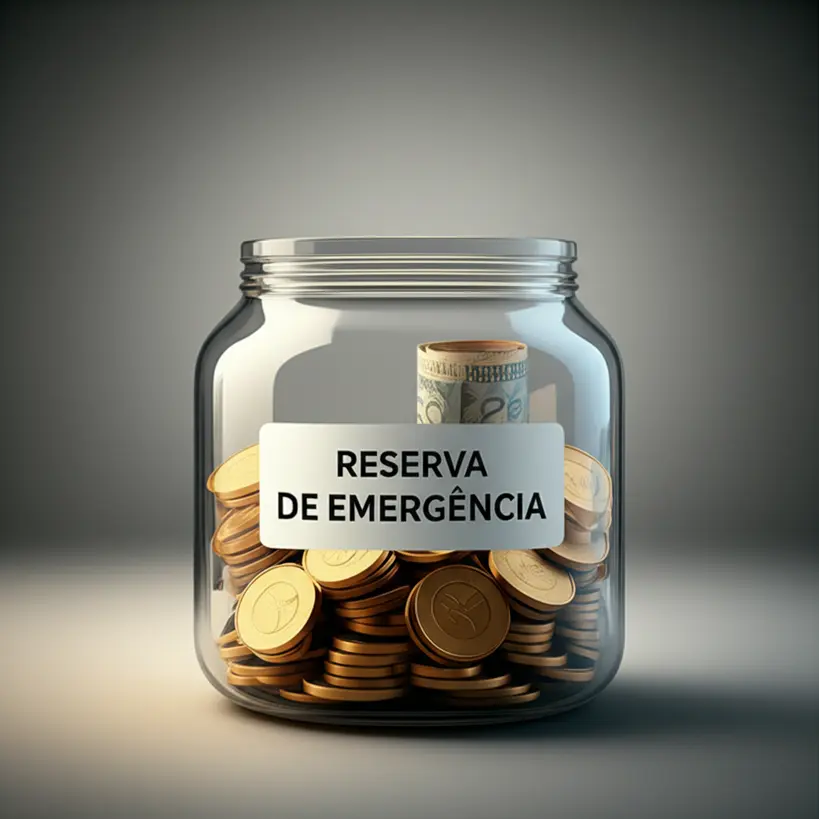 Pilha de moedas e notas dentro de um cofrinho transparente com o rótulo Reserva de Emergência, simbolizando segurança financeira.