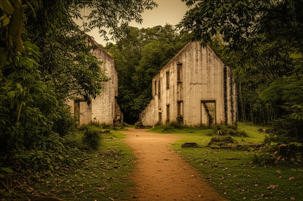 Ruínas históricas de uma fazenda colonial em meio à vegetação da trilha