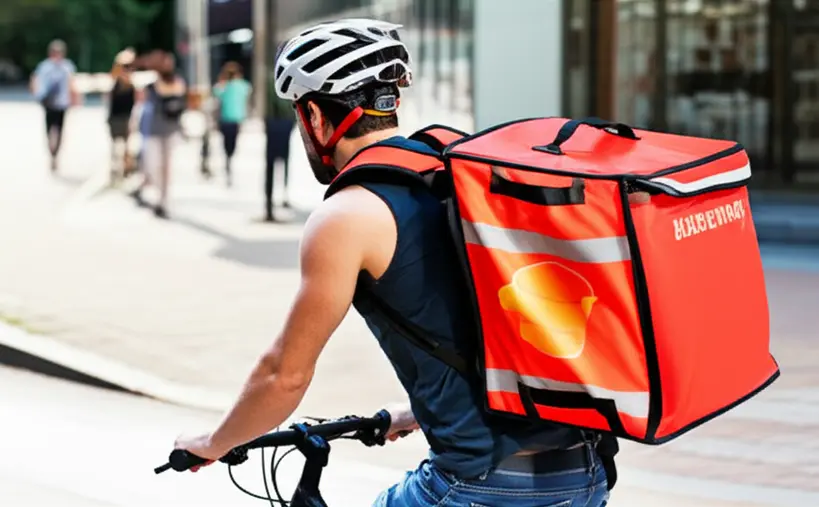 Entregador de bicicleta com uma mochila térmica grande, garantindo que os hambúrgueres cheguem quentes e intactos aos clientes
