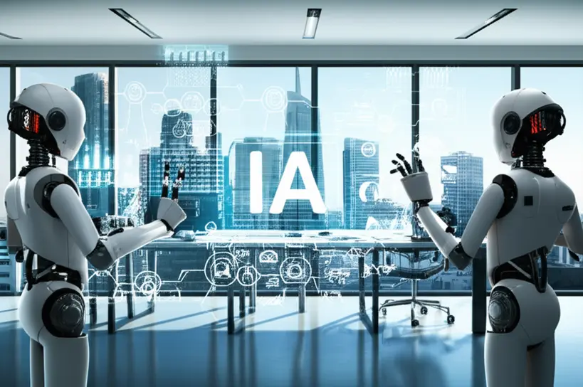 Ilustração de uma startup de IA nos EUA com robôs e gráficos de automação.