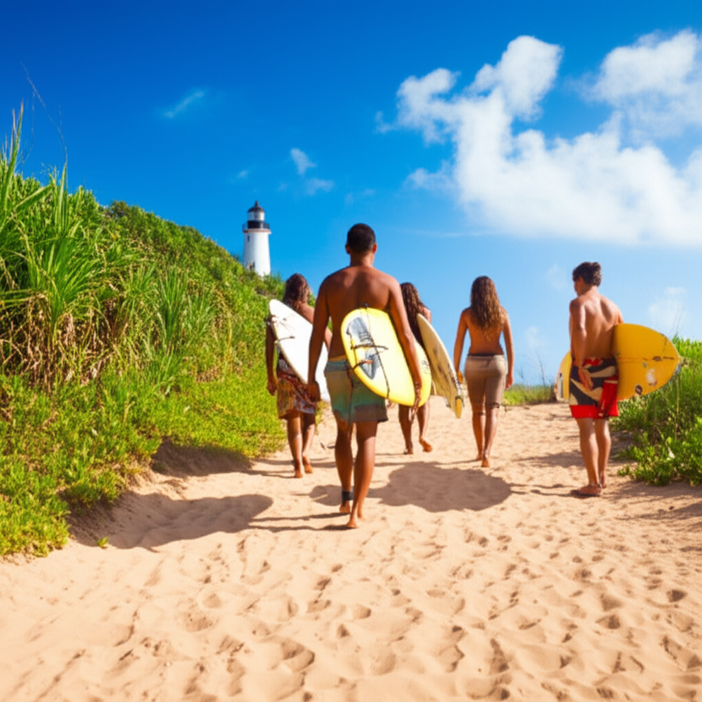 Grupo de surfistas caminhando com suas pranchas em uma trilha de areia em Itacaré, com o Farol de Itacaré visível ao fundo, sob um céu azul e sol forte.