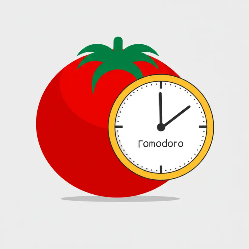 Ilustração de um tomate (pomodoro) com um relógio, simbolizando a técnica de gestão de tempo com foco cronometrado. Estilo Ilustração, Cenário minimalista, Plano de Fundo claro, Iluminação suave, Lente macro, Angulo superior, Paleta de Cores vibrantes, Formato 16x9.