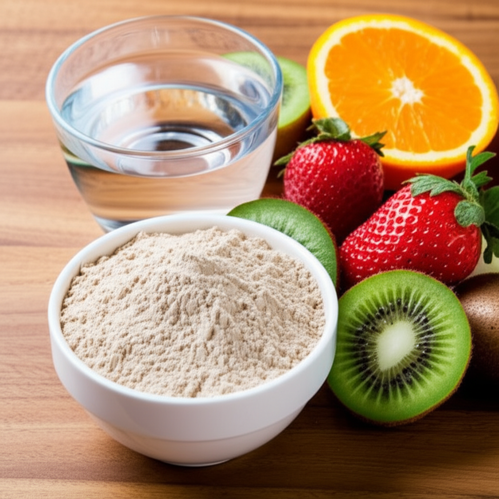 Tigela de psyllium em pó ao lado de um copo de água e frutas frescas, simbolizando uma dieta saudável e hidratação.