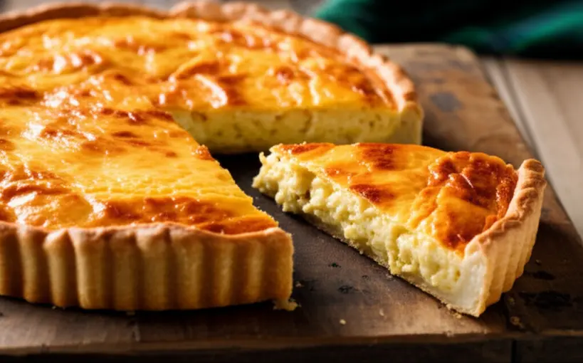 Uma torta de frango desfiado recém-assada, com uma crosta dourada e recheio cremoso visível, em cima de uma tábua de madeira rústica, com um pedaço cortado revelando o interior suculento.