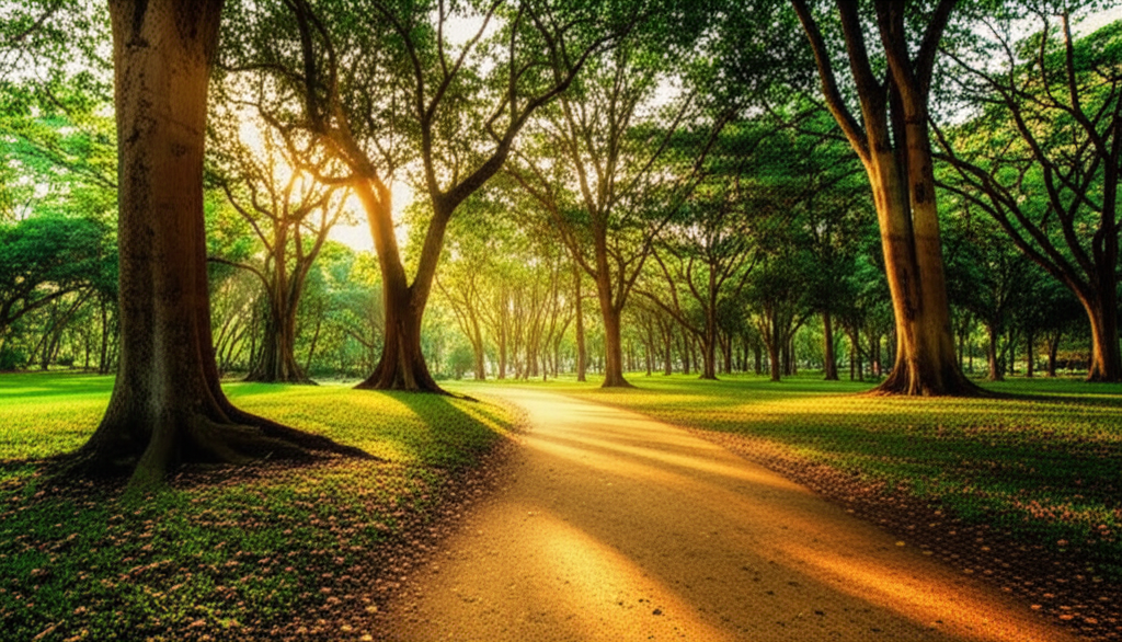 Caminho de terra batida ladeado por árvores altas e frondosas no Parque Ibirapuera, com raios de sol filtrando pelas folhas.