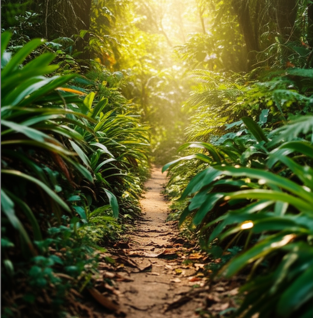 Caminho estreito na Mata Atlântica com vegetação densa e raios de sol filtrando