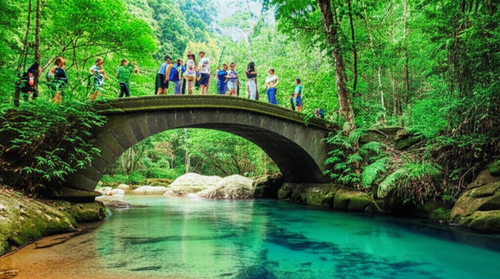Grupo de pessoas atravessando uma antiga ponte de pedra em uma trilha histórica