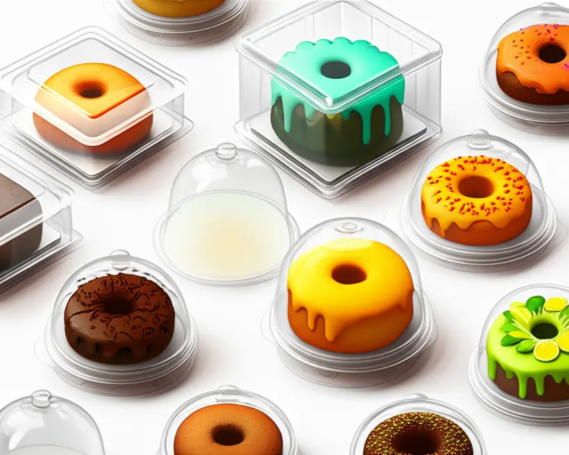 Diversos tipos de embalagens transparentes como potes, caixas e cúpulas, ideais para bolos caseirinhos, exibidos em uma bancada de confeitaria.