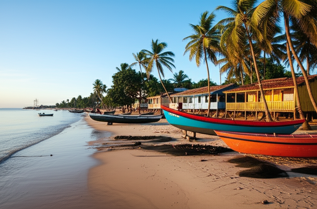 Antiga vila de pescadores em Morro de São Paulo, com casas simples e barcos na praia.