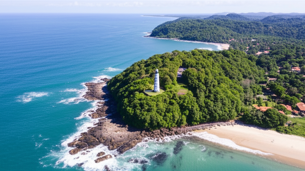 Vista aérea panorâmica do Farol de Itacaré, mostrando a ponta da península e as praias de areia dourada ao redor, com a vegetação exuberante da Mata Atlântica e o oceano azul cristalino.