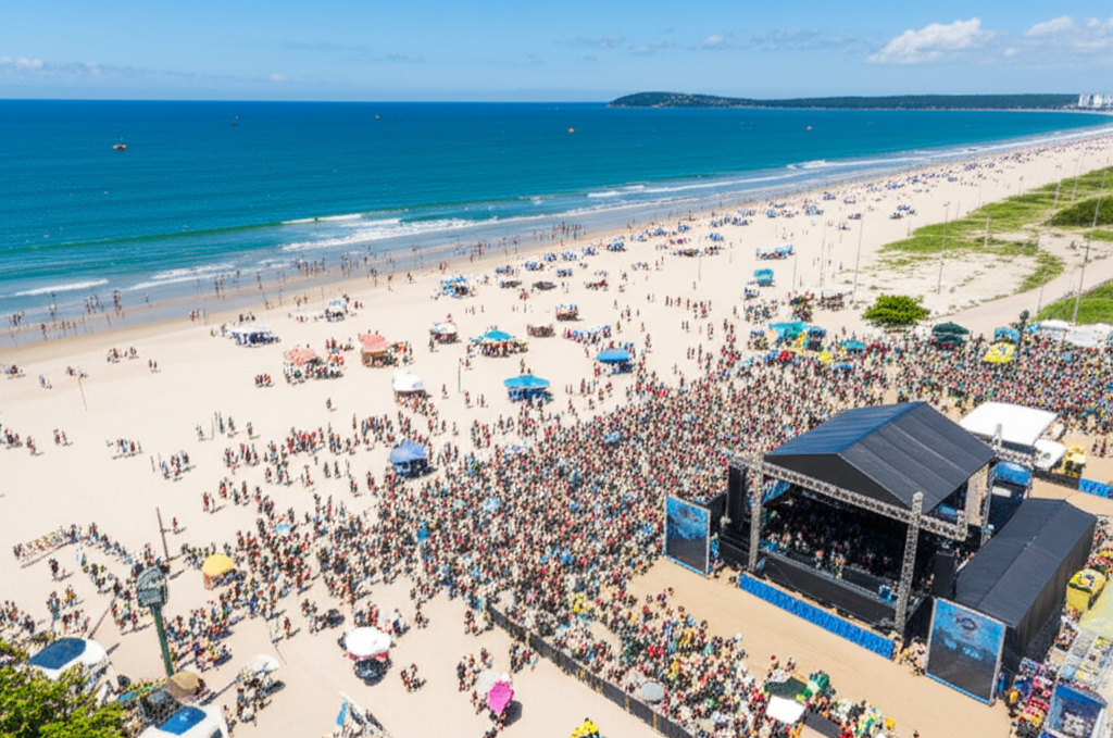 Vista aérea da praia de Maresias com palco montado na areia e público aproveitando o festival de música durante o dia