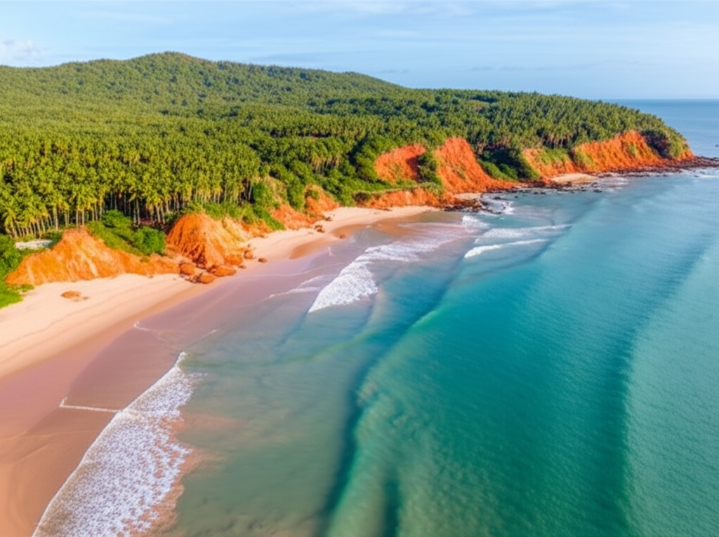 Vista aérea da Praia do Espelho com falésias e coqueiros
