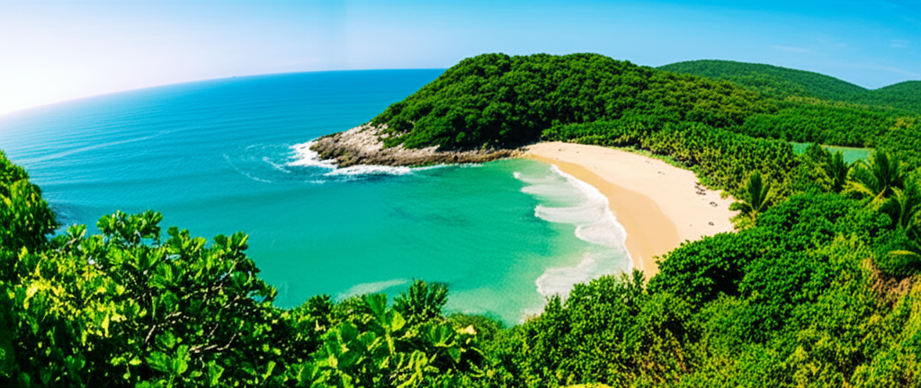 Vista aérea de uma enseada paradisíaca em Ubatã, com águas cristalinas e areia branca