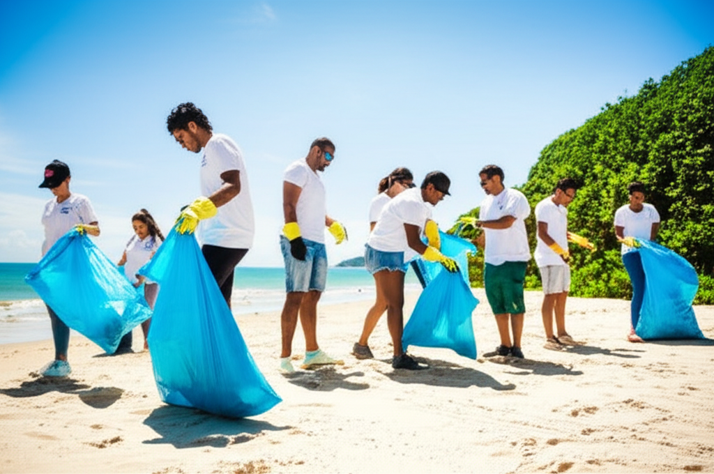 Grupo de voluntários, incluindo jovens e adultos, coletando lixo em uma praia limpa, com sacos de lixo e luvas, sob um céu azul e sol. Estilo: Foto Realista. Cenário: Praia de Santo Amaro. Plano de Fundo: Oceano e vegetação costeira. Iluminação: Natural, ensolarada. Lente: Grande angular. Angulo: Nível dos olhos. Paleta de Cores: Tons de azul, verde e areia. Formato: Paisagem 16x9.
