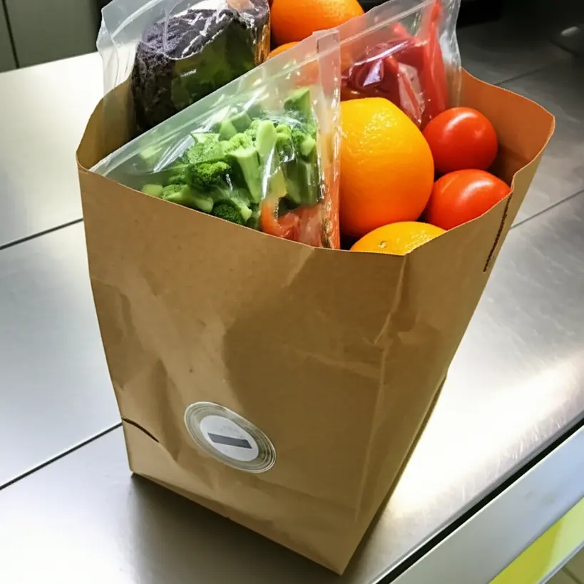 Alimentos frescos dentro de um saco Kraft com selo de segurança