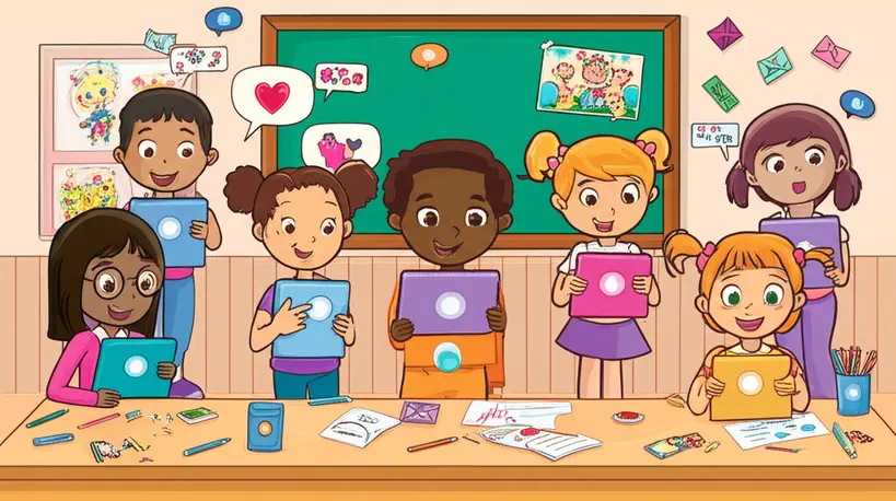 Alunos gravando vídeos e escrevendo cartas digitais de gratidão para o Dia do Professor