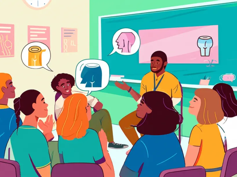 Grupo de adolescentes em roda de conversa com um educador, discutindo temas de saúde masculina de forma aberta e respeitosa.