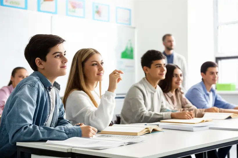 Alunos engajados em aula interativa com professor
