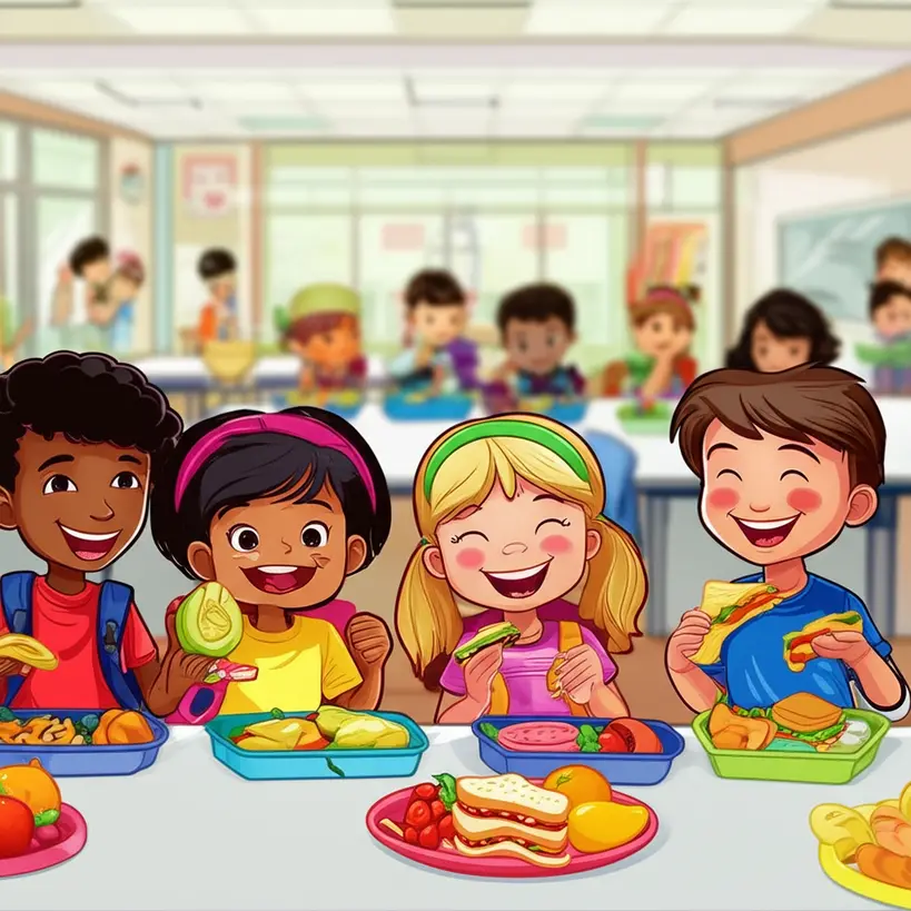 Alunos felizes com merenda de qualidade em Sorocaba Crianças sorrindo e interagindo durante a merenda escolar, com pratos coloridos e apetitosos, em um refeitório moderno de Sorocaba.