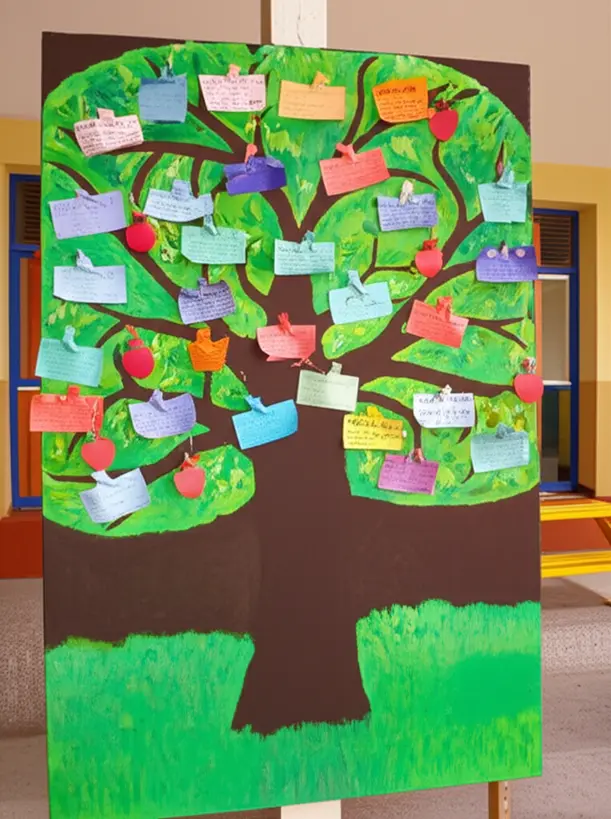 Árvore decorada com mensagens de aprendizado e gratidão de alunos para professores
