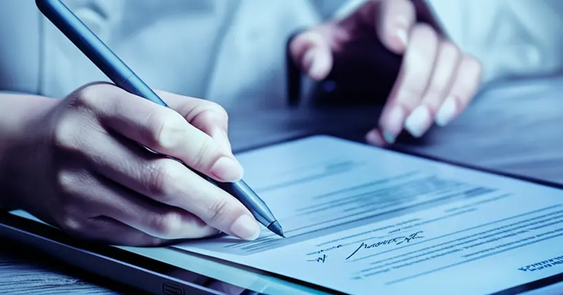 Mão assinando documento eletrônico em tablet, simbolizando validade jurídica e agilidade