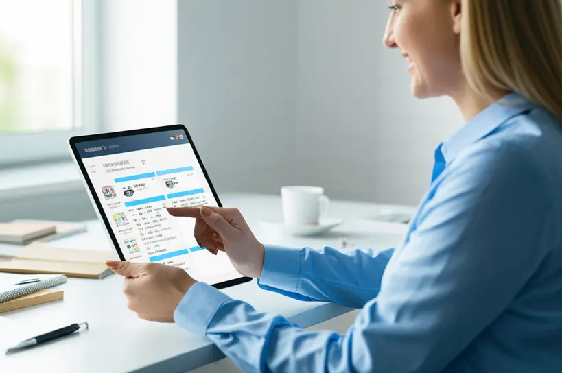 Pessoa usando assistente de IA para organização Mulher sorrindo usando um tablet com um assistente de IA organizando sua agenda e tarefas diárias, em um ambiente de escritório moderno