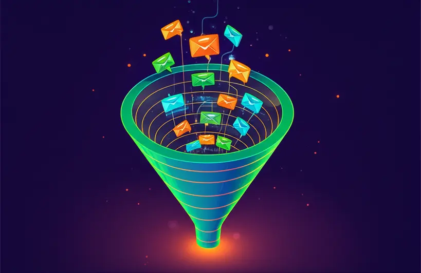 Ilustração de um fluxo de e-mails automatizados e leads sendo capturados, representando a automação de marketing digital.