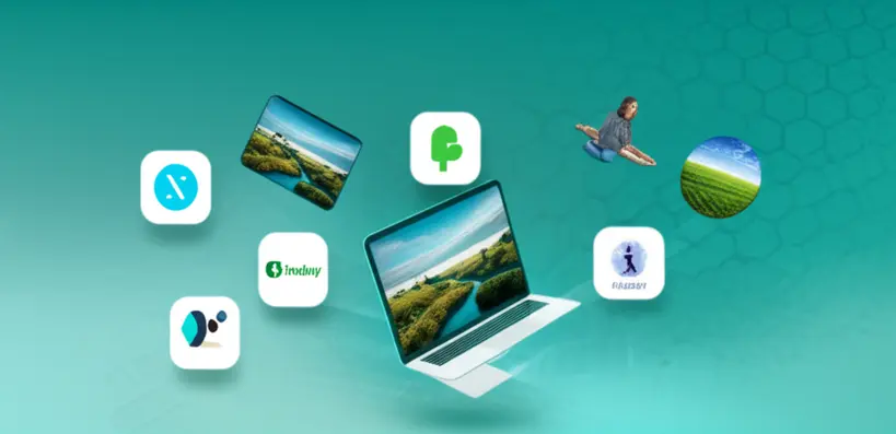 Ilustração de ícones de plataformas de imagens gratuitas como Unsplash, Pexels e Pixabay com fotos flutuando