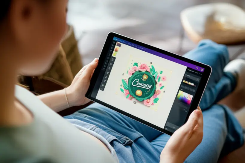 Pessoa usando Canva em um tablet para criar um logotipo vibrante