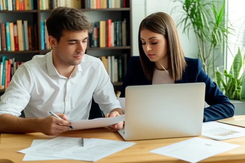Casal jovem analisando o orçamento doméstico em uma mesa com notebook e papéis