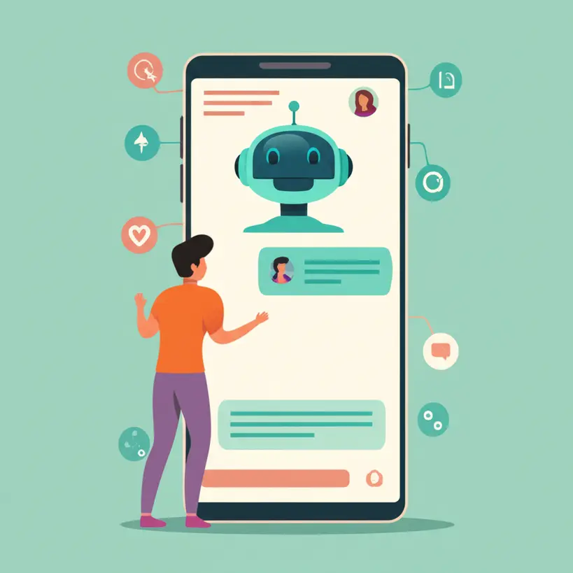 Ilustração de um chatbot amigável interagindo com um cliente em uma tela, representando a automação no atendimento ao cliente.