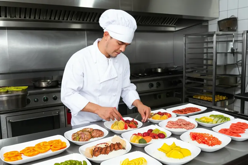 Chef preparando merenda premium para escolas em Sorocaba Um chef profissional em uma cozinha industrial preparando refeições de alta qualidade para a merenda escolar, com foco em ingredientes frescos e apresentação apetitosa.