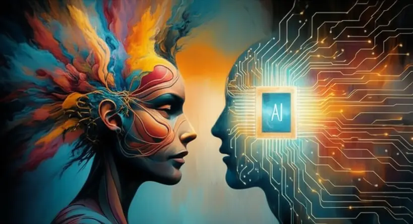 Colaboracao Humano-IA Mente humana e cerebro de IA se conectando para gerar ideias