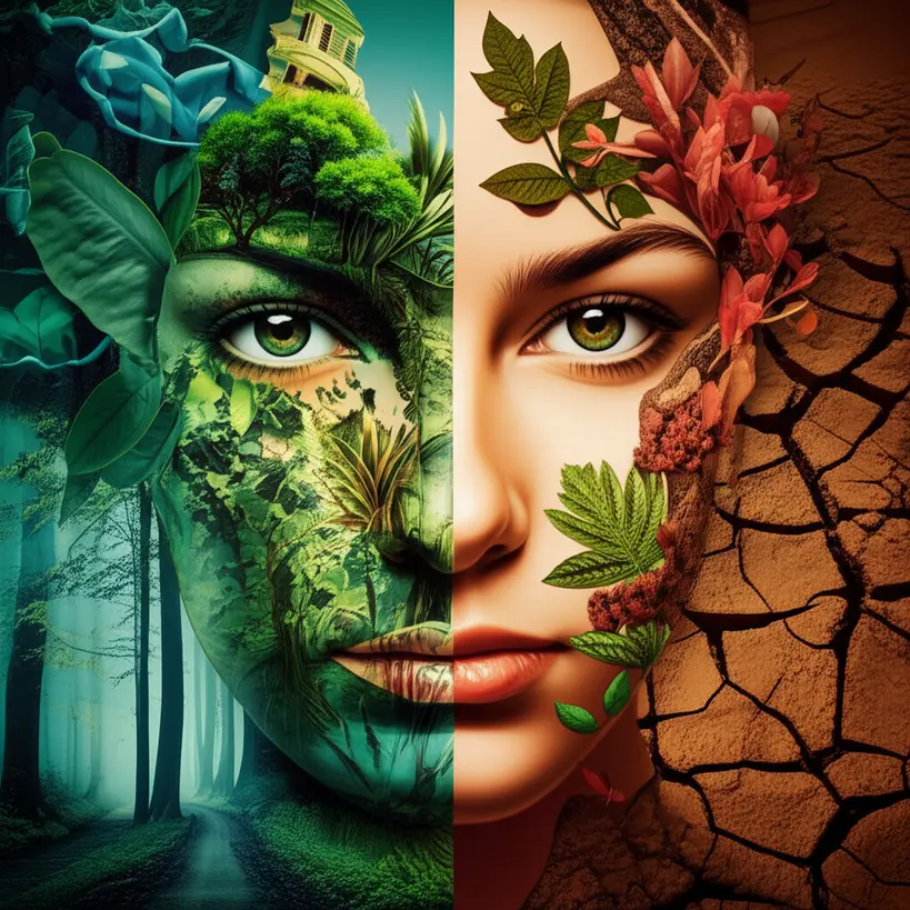 Colagem Visual Criativa Uma colagem visual criativa, mostrando diferentes elementos de imagens gratuitas combinados de forma harmoniosa e original, como um rosto com elementos da natureza, ou uma cidade com texturas inusitadas. Representa a transformação do comum em extraordinário.