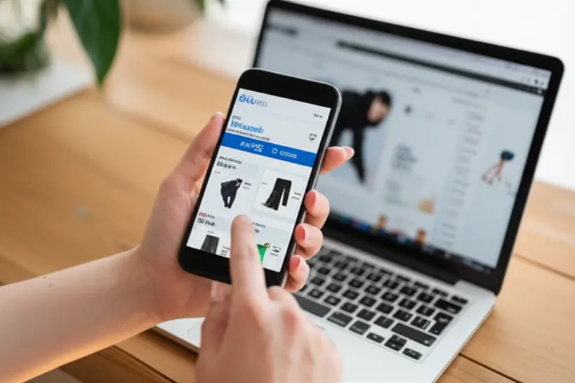 Pessoa comparando preços em diferentes telas durante a Black Friday Mãos segurando um smartphone com um aplicativo de comparação de preços, com um laptop ao fundo mostrando várias abas de lojas online, ilustrando a pesquisa de preços na Black Friday 2025