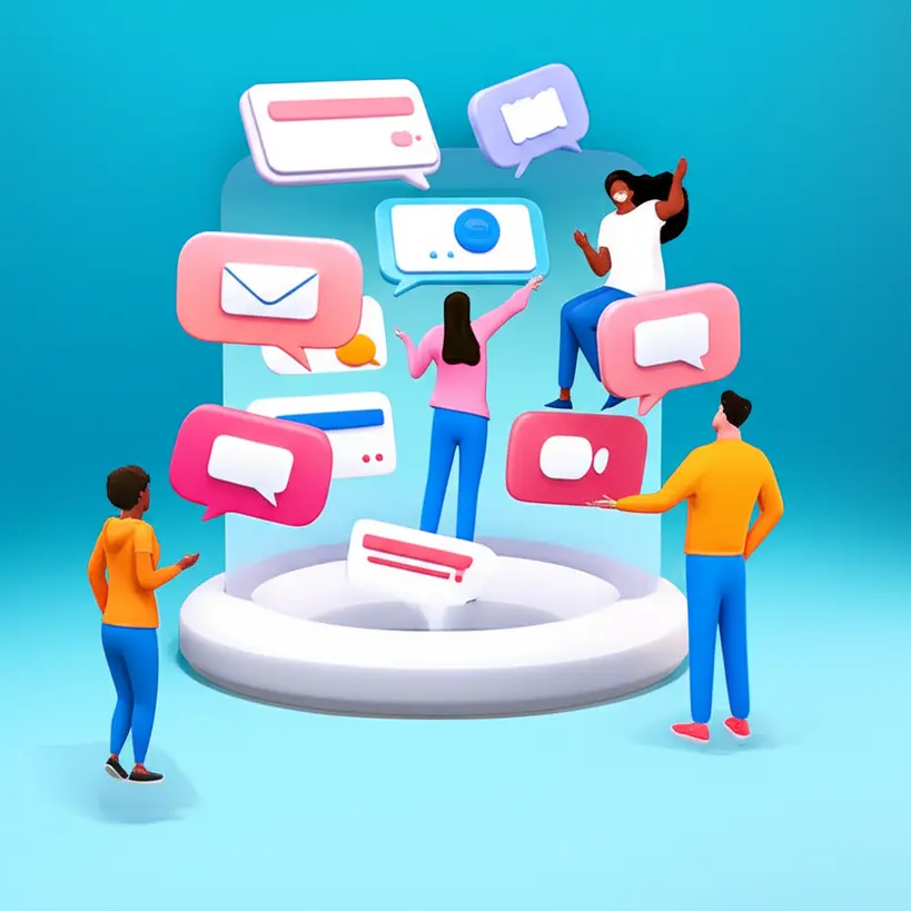 Pessoas colaborando em um ambiente digital, com ícones de aplicativos de comunicação e videoconferência.
