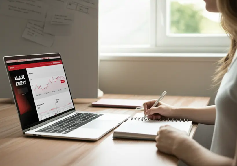 Pessoa usando um laptop e um caderno para planejar compras da Black Friday, com gráficos de preços e uma lista de desejos ao fundo