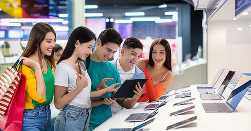 Pessoas pesquisando ofertas em laptops e celulares, com sacolas de compras ao fundo, simbolizando a preparação para a Black Friday 2025